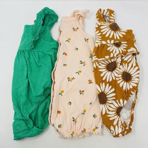 Carters Baby Girls Size 12 Months 3 Piece Sunflower Floral Solid Romper Set 1848 - Picture 1 of 8